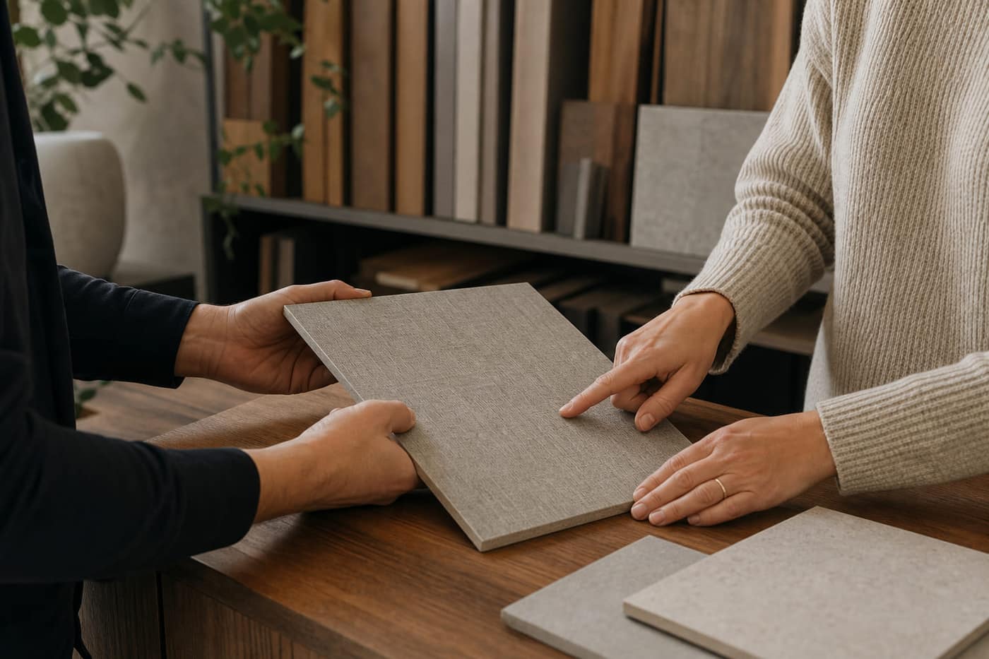 Two people examining a laminate sample board across the counter