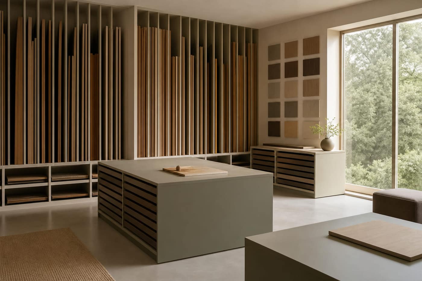 Sheets stored upright on tall racks inside the showroom