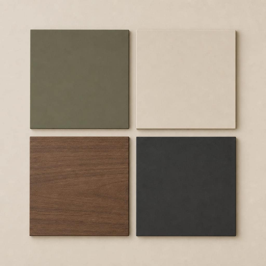 Olive, oatmeal, walnut and charcoal. All matte.