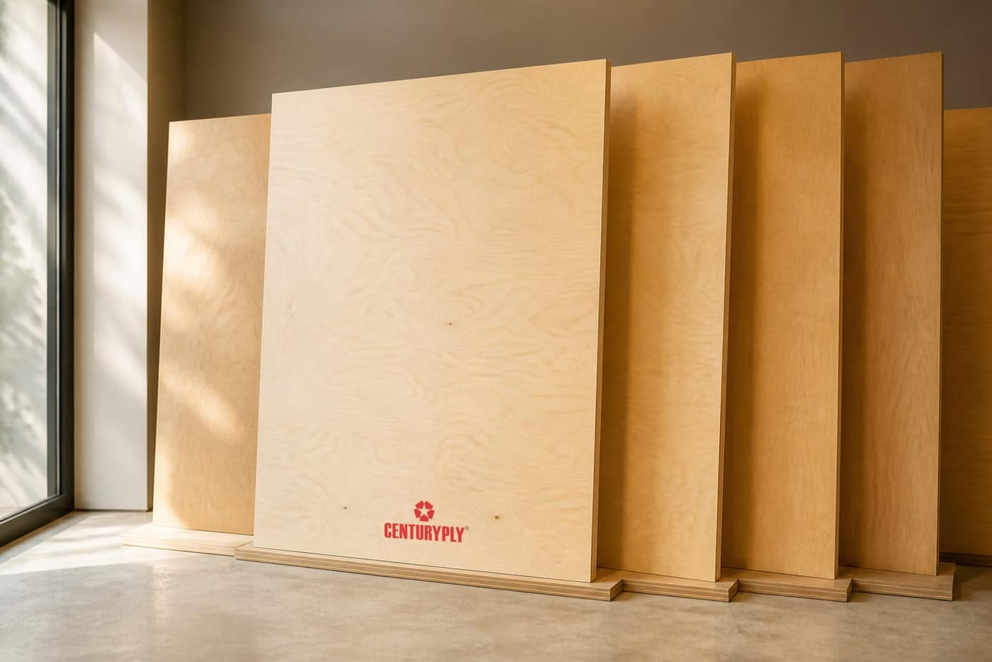 Plywood sheets stood upright against the wall in morning light